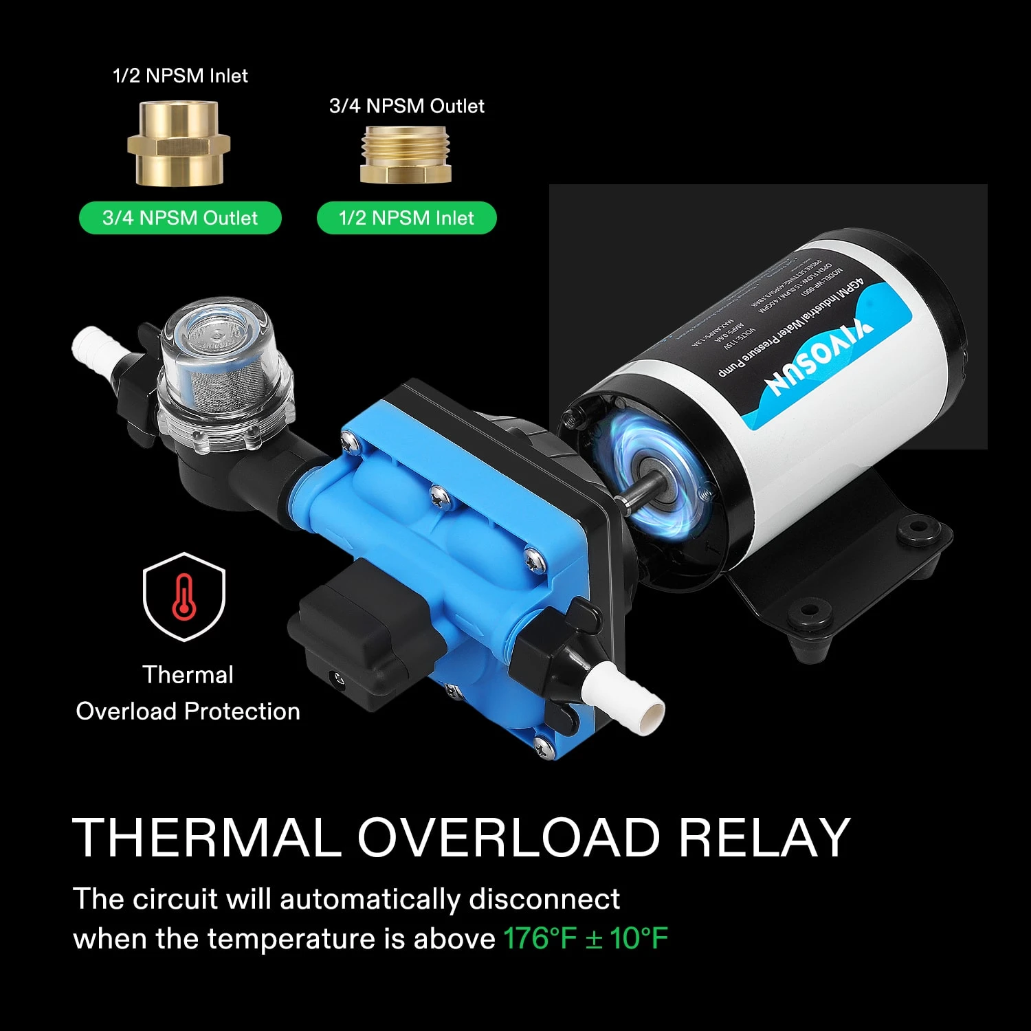 Water Pressure Pump, 110V 5.5GPM 70 PSI Diaphragm Water Pump Include 1/2" And 3/4" Garden Hose Adapters, Power Plug For Bathrooms, Kitchens, RVs, And Yachts 6 Water Pressure Pump, 110V 5.5GPM 70 PSI Diaphragm Water Pump Include 1/2" And 3/4" Garden Hose Adapters, Power Plug For Bathrooms, Kitchens, RVs, And Yachts - Image 6