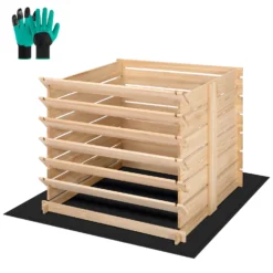 170 Gallon Wooden Compost Bin, Removable Front Door, Easy To Setup For Backyard, Lawn (Black With Gloves And Liner)