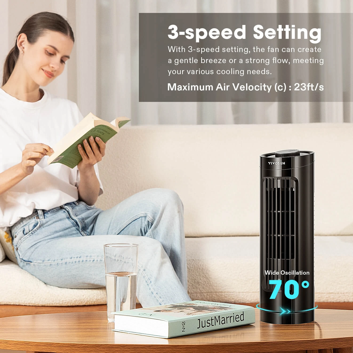 13'' Bladeless Table Tower Fan, With 3 Speeds And 70°Oscillation, Portable And Compact, Quiet Cooling Fan For Home And Office, Black 5 13'' Bladeless Table Tower Fan, With 3 Speeds And 70°Oscillation, Portable And Compact, Quiet Cooling Fan For Home And Office, Black - Image 5