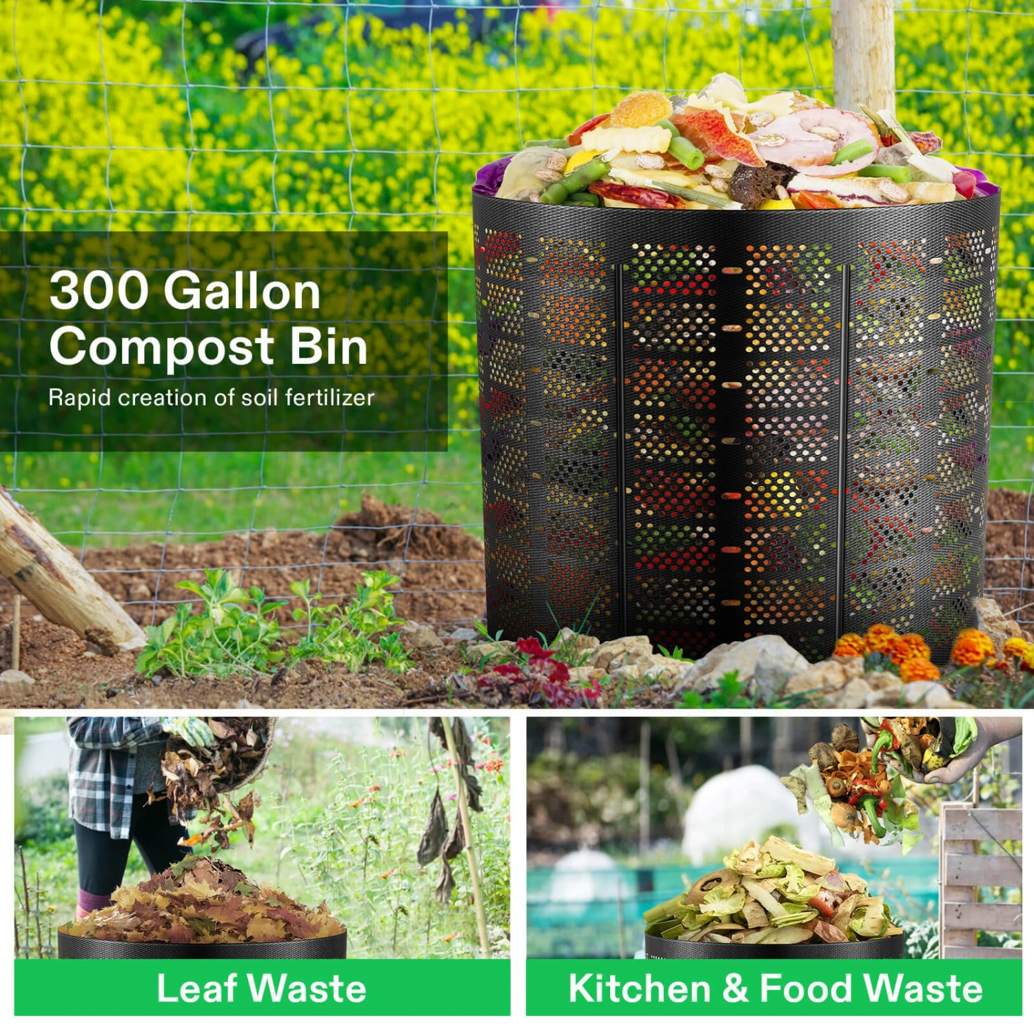 300 Gallon Outdoor Compost Bin, Expandable Composter, Easy To Setup & Large Capacity For Backyard, Lawn (Black With Gloves) 4 300 Gallon Outdoor Compost Bin, Expandable Composter, Easy To Setup & Large Capacity For Backyard, Lawn (Black With Gloves) - Image 4