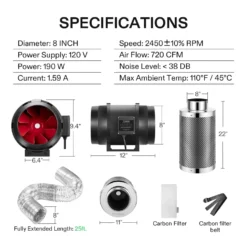 8-Inch 720 CFM Inline Duct Fan Kit With Carbon Filter And Ducting 13 8-Inch 720 CFM Inline Duct Fan Kit With Carbon Filter And Ducting -Smart Planting Store 2d4a7dd3d25f45a75c29b9040302f7a8 2