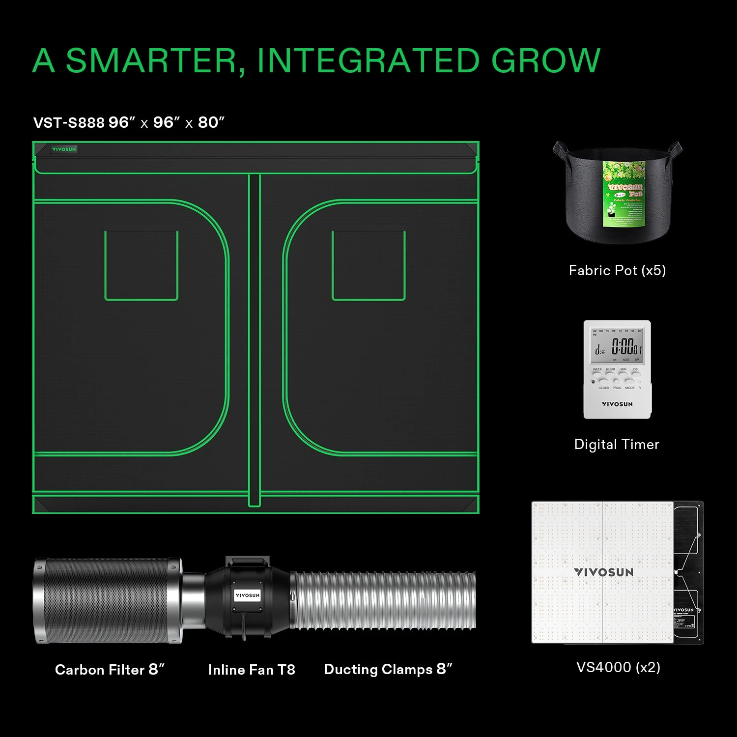 Standard Grow Tent Kit GIY-88 8x8, 16-Plant Complete System, With 2x 400W VS4000 LED Grow Light, And 8-inch Ventilation Combo 2 Standard Grow Tent Kit GIY-88 8x8, 16-Plant Complete System, With 2x 400W VS4000 LED Grow Light, And 8-inch Ventilation Combo - Image 2