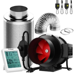 8-Inch 720 CFM Inline Duct Fan Kit With Carbon Filter, Thermometer, And Ducting