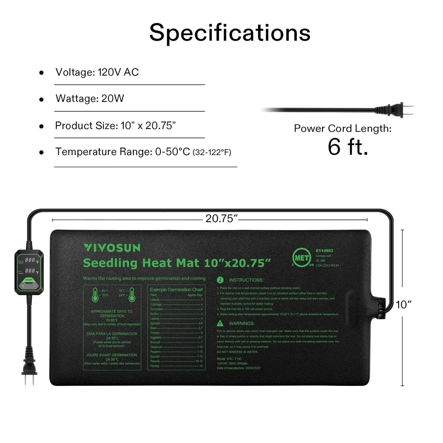 Seedling Heat Mat With Dual Digital Display Thermostat, 10" X 20.75" Black Warm Hydroponic Heating Pad For Seed Germination 2 Seedling Heat Mat With Dual Digital Display Thermostat, 10" X 20.75" Black Warm Hydroponic Heating Pad For Seed Germination - Image 2