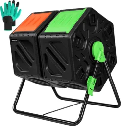 Dual Chamber Tumbling Composter, 2X 18.5 Gallon Compost Bin, Heavy-Duty Compost Tumbler W/Sliding Door, Lockable Brake And Rotating Design, Outdoor