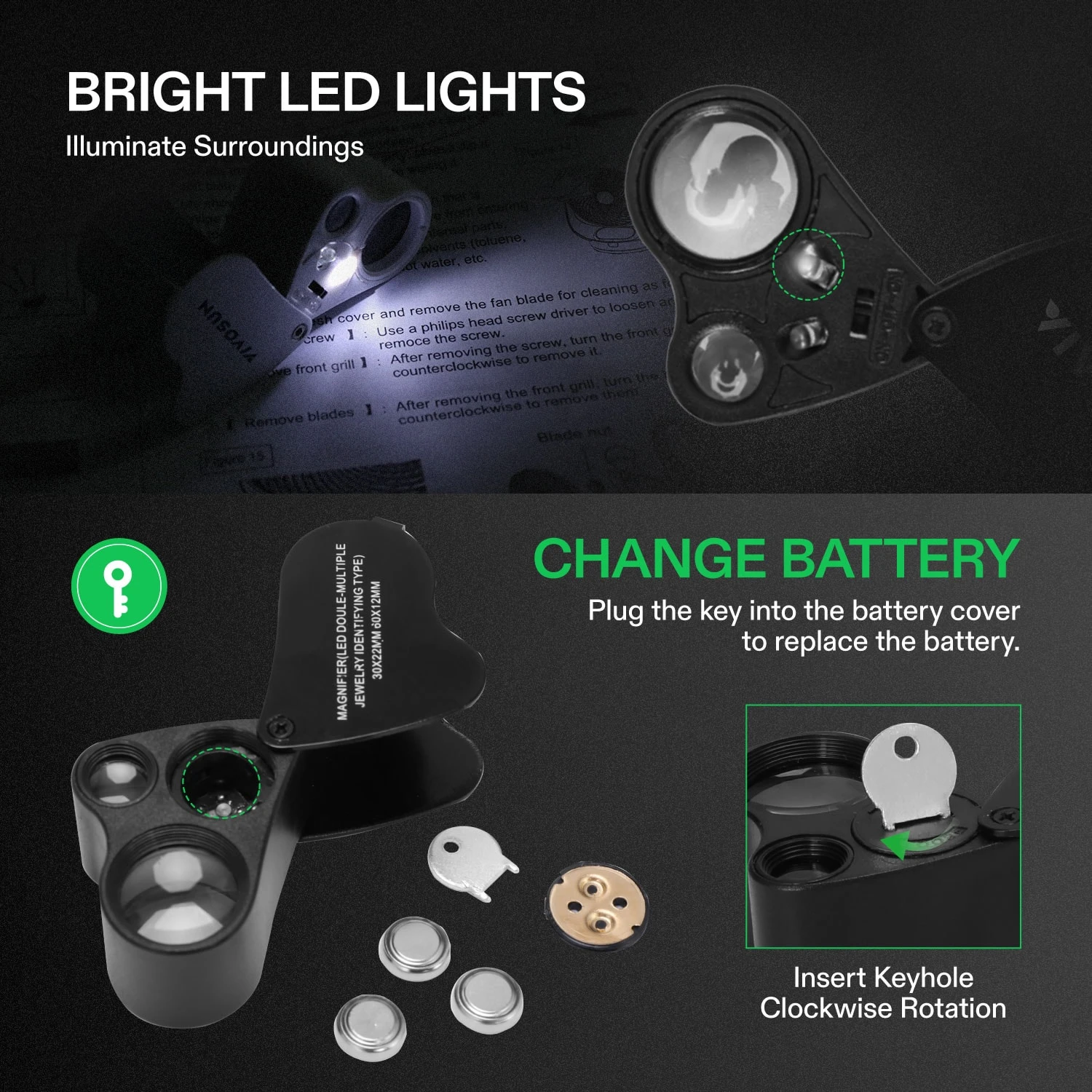 30X-60X Jewelers Loupe Magnifier With LED Light (2-Pack Black) 5 30X-60X Jewelers Loupe Magnifier With LED Light (2-Pack Black) - Image 5