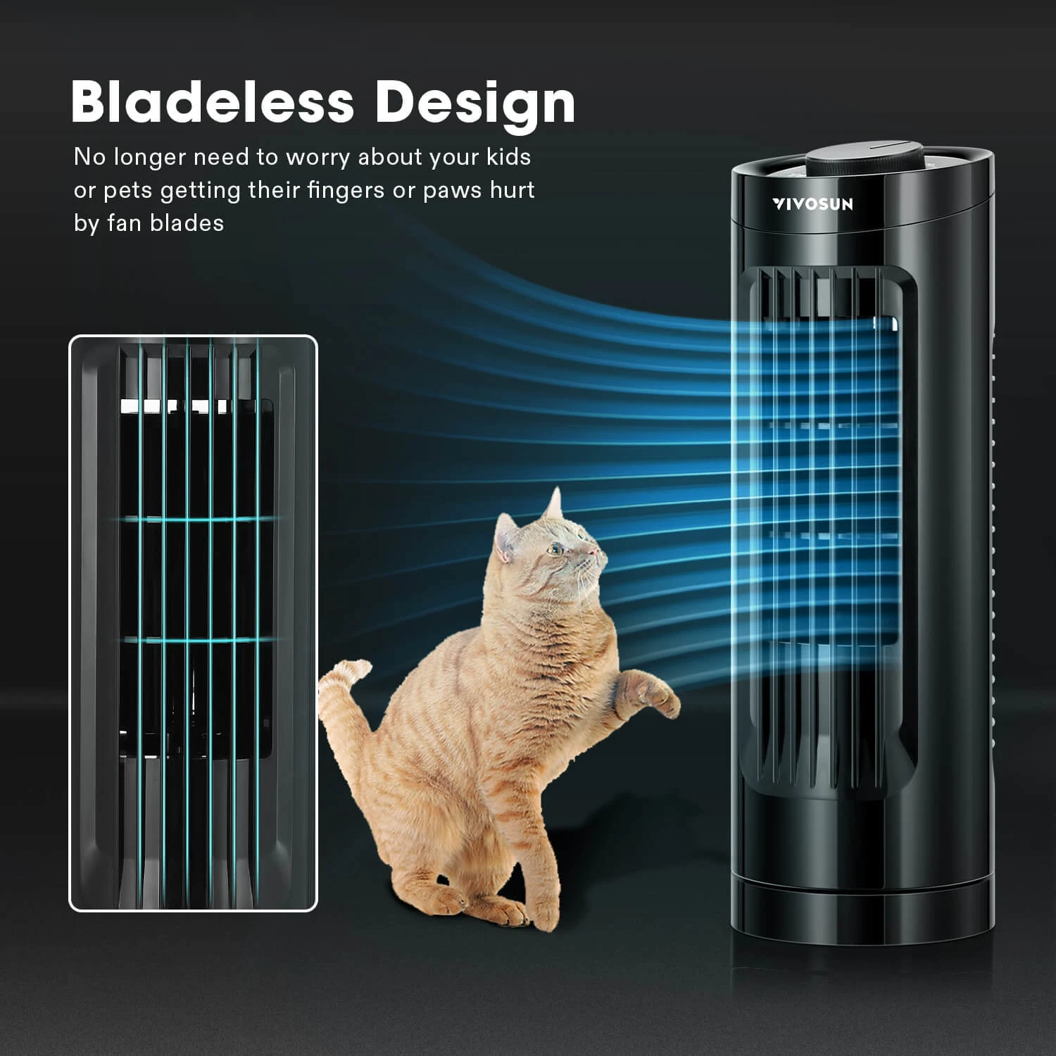 13'' Bladeless Table Tower Fan, With 3 Speeds And 70°Oscillation, Portable And Compact, Quiet Cooling Fan For Home And Office, Black 6 13'' Bladeless Table Tower Fan, With 3 Speeds And 70°Oscillation, Portable And Compact, Quiet Cooling Fan For Home And Office, Black - Image 6