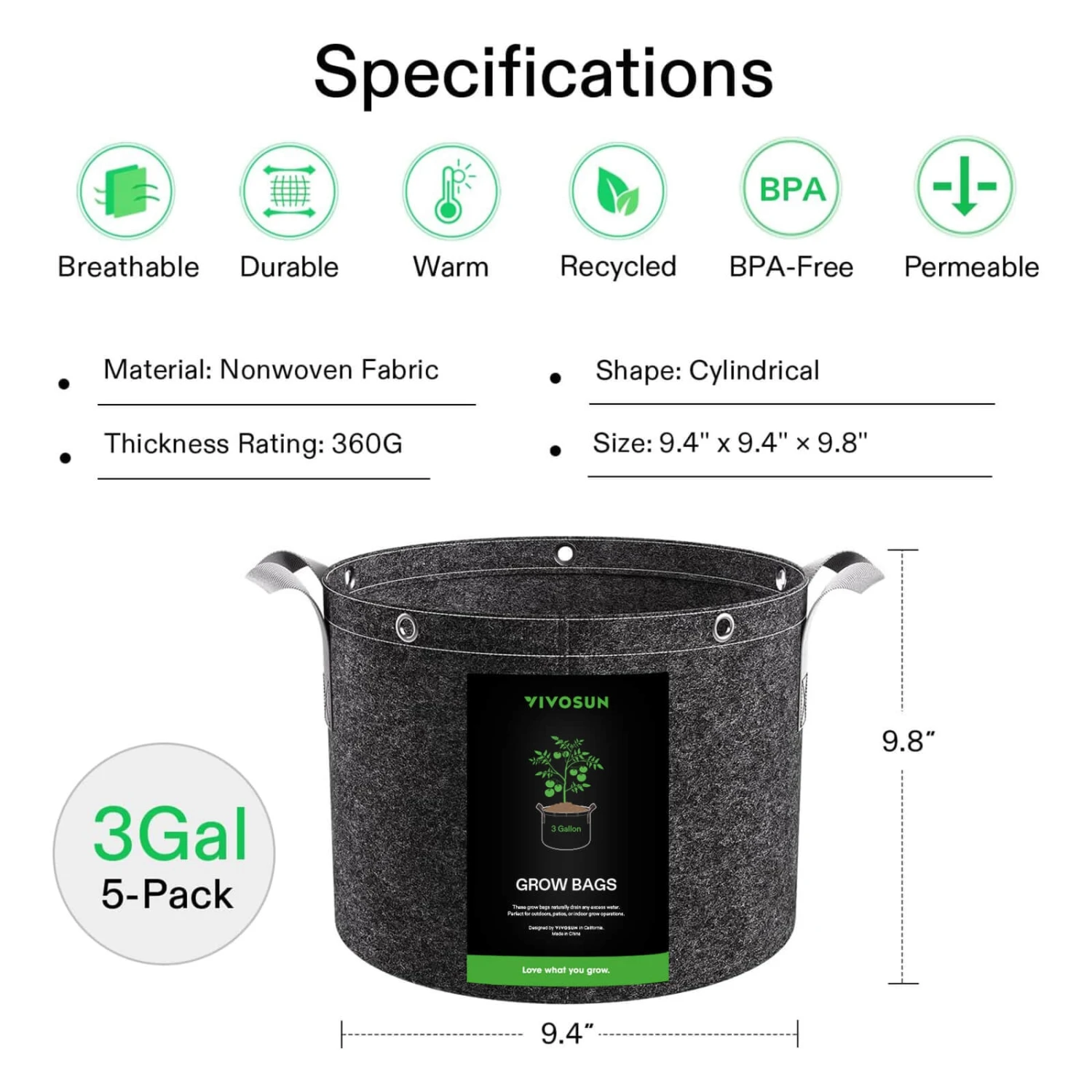 10 Gallon Grow Bags 5-Pack Black Thickened Nonwoven Fabric Pots With Handles, Multi-Purpose Rings 2 10 Gallon Grow Bags 5-Pack Black Thickened Nonwoven Fabric Pots With Handles, Multi-Purpose Rings - Image 2