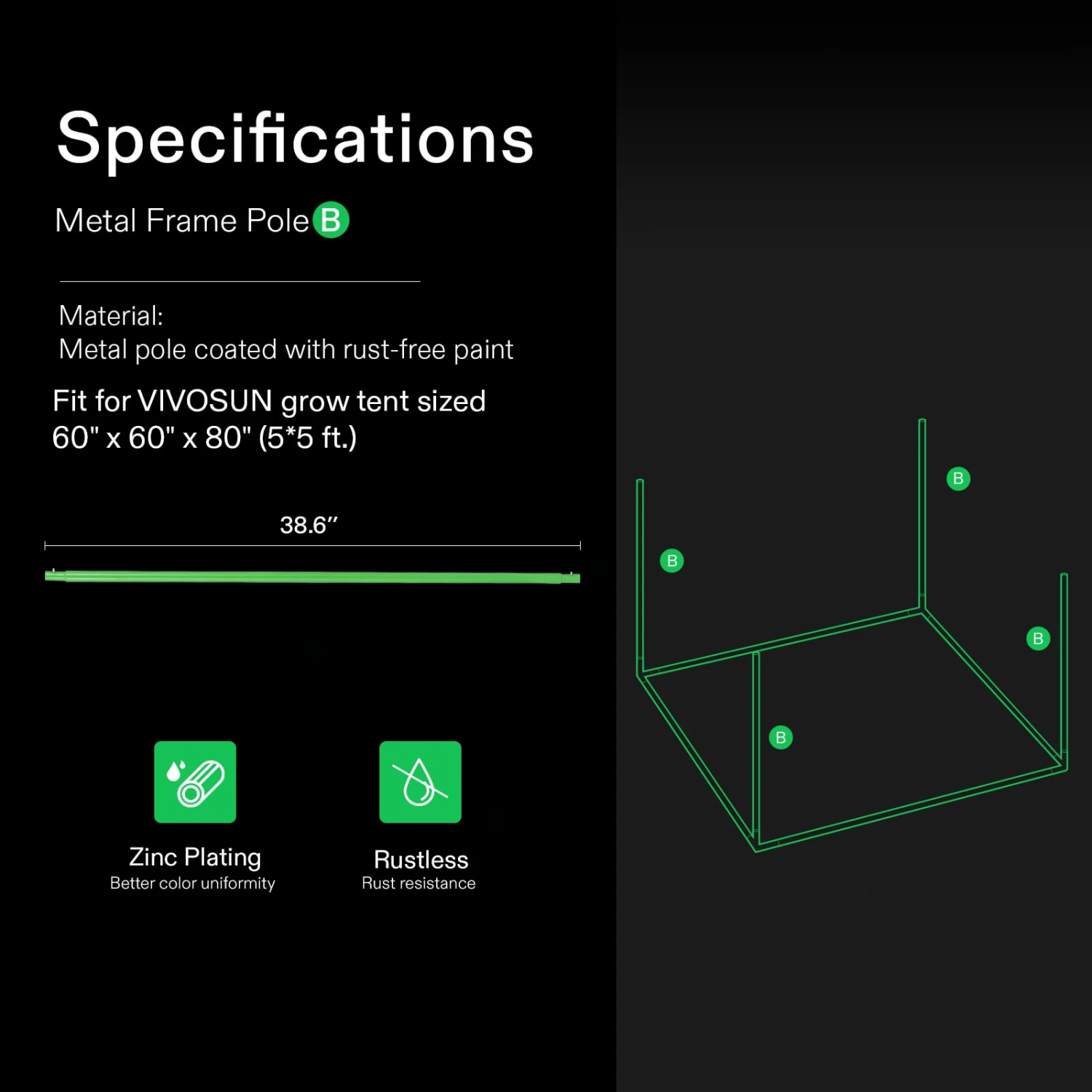 Grow Tent Pole-C For 5x5 Tent 1-Piece, Only For VIVOSUN Grow Tents 2 Grow Tent Pole-C For 5x5 Tent 1-Piece, Only For VIVOSUN Grow Tents - Image 2