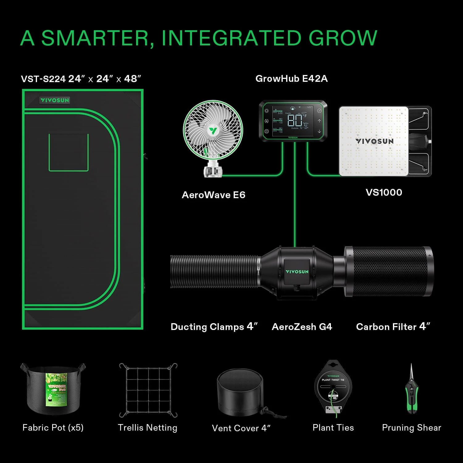 Smart Grow Tent Kit GIY-SGS-52 Lite 5x2, 3-Plant Complete System, With WiFi E42A Controller, 200W VS2000 LED Grow Light, 6-inch AeroZesh G6 Ventilation Combo, And AeroWave E6 Clip-on Fan 2 Smart Grow Tent Kit GIY-SGS-52 Lite 5x2, 3-Plant Complete System, With WiFi E42A Controller, 200W VS2000 LED Grow Light, 6-inch AeroZesh G6 Ventilation Combo, And AeroWave E6 Clip-on Fan - Image 2