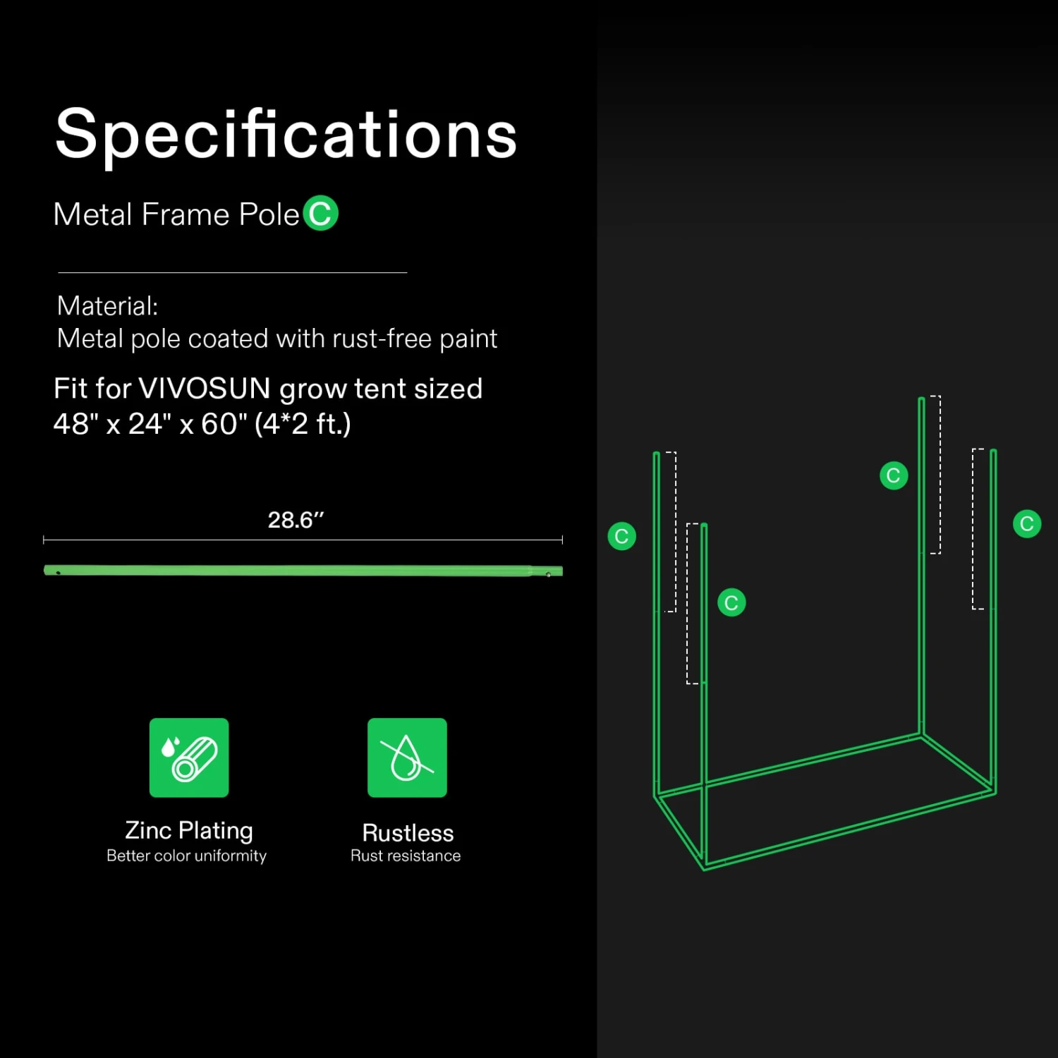 16mm Grow Tent Pole For 4*2 Grow Tent, Only For VIVOSUN Grow Tents 2 16mm Grow Tent Pole For 4*2 Grow Tent, Only For VIVOSUN Grow Tents - Image 2