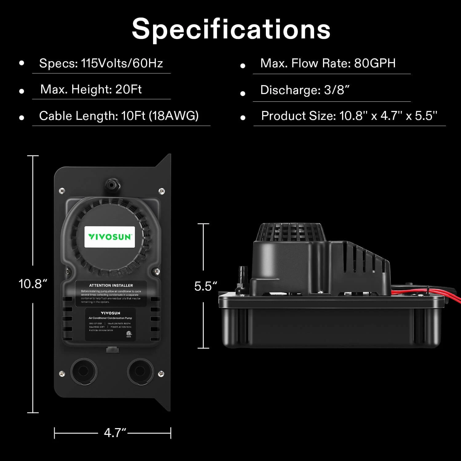 Automatic Condensate Removal Pump, 115Volts/60Hz, 80GPH, 1/30 HP With Safety Switch For Air Conditioners, Dehumidifiers, Ice Machines, Furnaces, Black 2 Automatic Condensate Removal Pump, 115Volts/60Hz, 80GPH, 1/30 HP With Safety Switch For Air Conditioners, Dehumidifiers, Ice Machines, Furnaces, Black - Image 2
